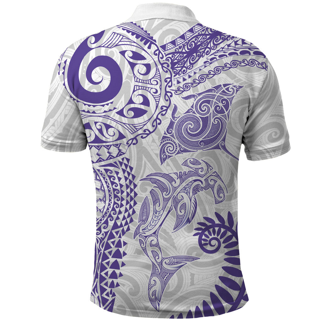 Aotearoa Maori Sea Animals Tribal Polo Shirt Manta Ray and Shark Moko Pattern Purple Color LT03 - Polynesian Pride