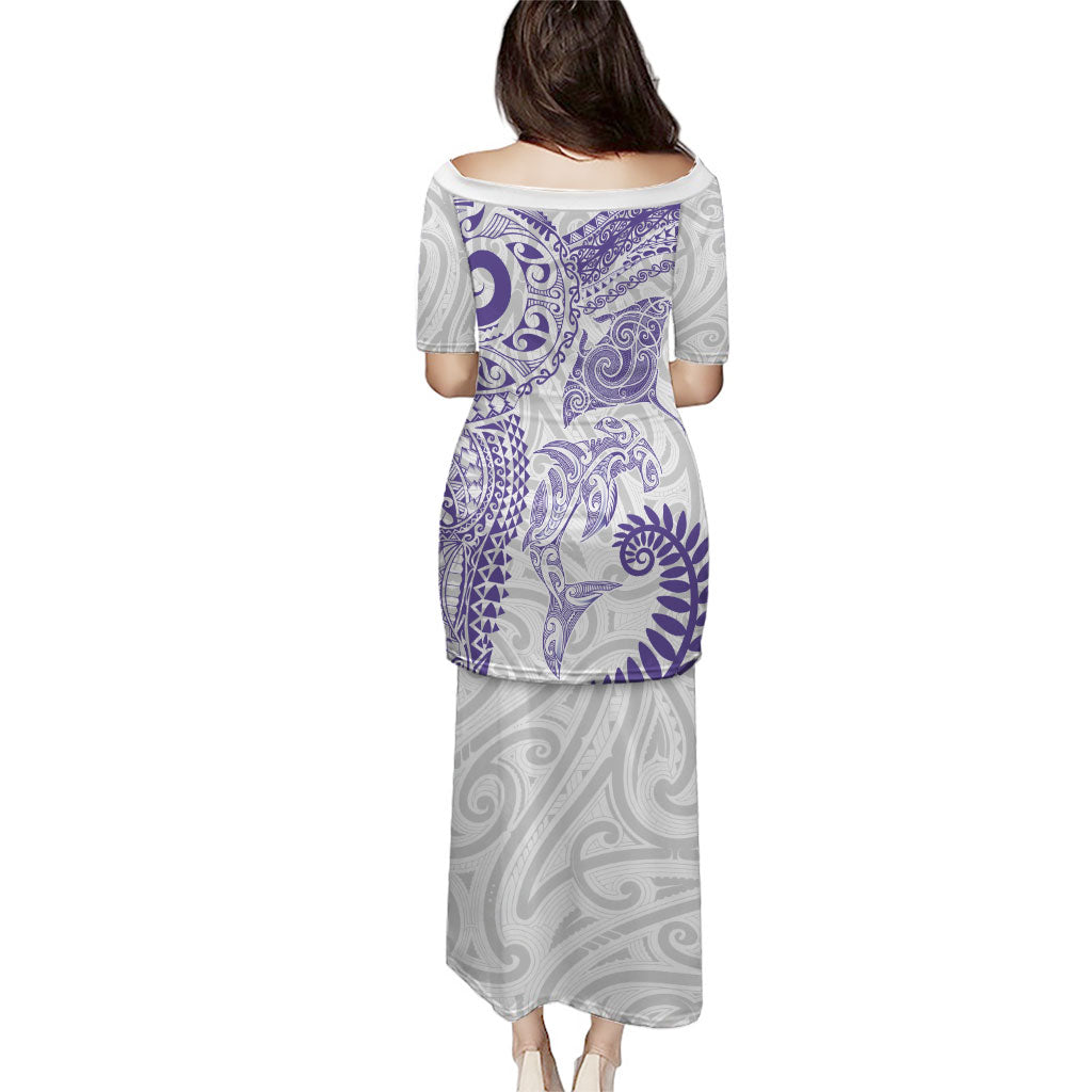 Aotearoa Maori Sea Animals Tribal Puletasi Manta Ray and Shark Moko Pattern Purple Color LT03 - Polynesian Pride