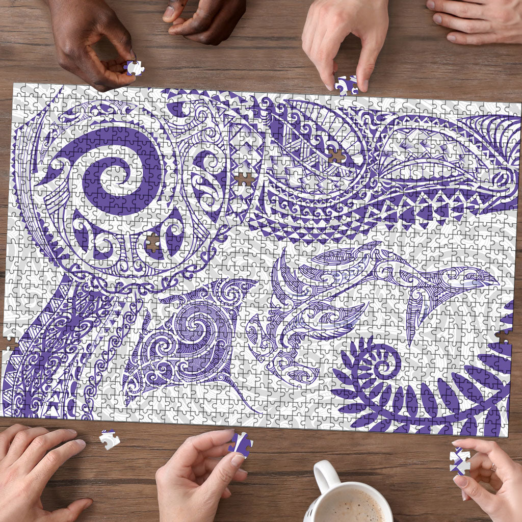 Aotearoa Maori Sea Animals Tribal Puzzle Manta Ray and Shark Moko Pattern Purple Color