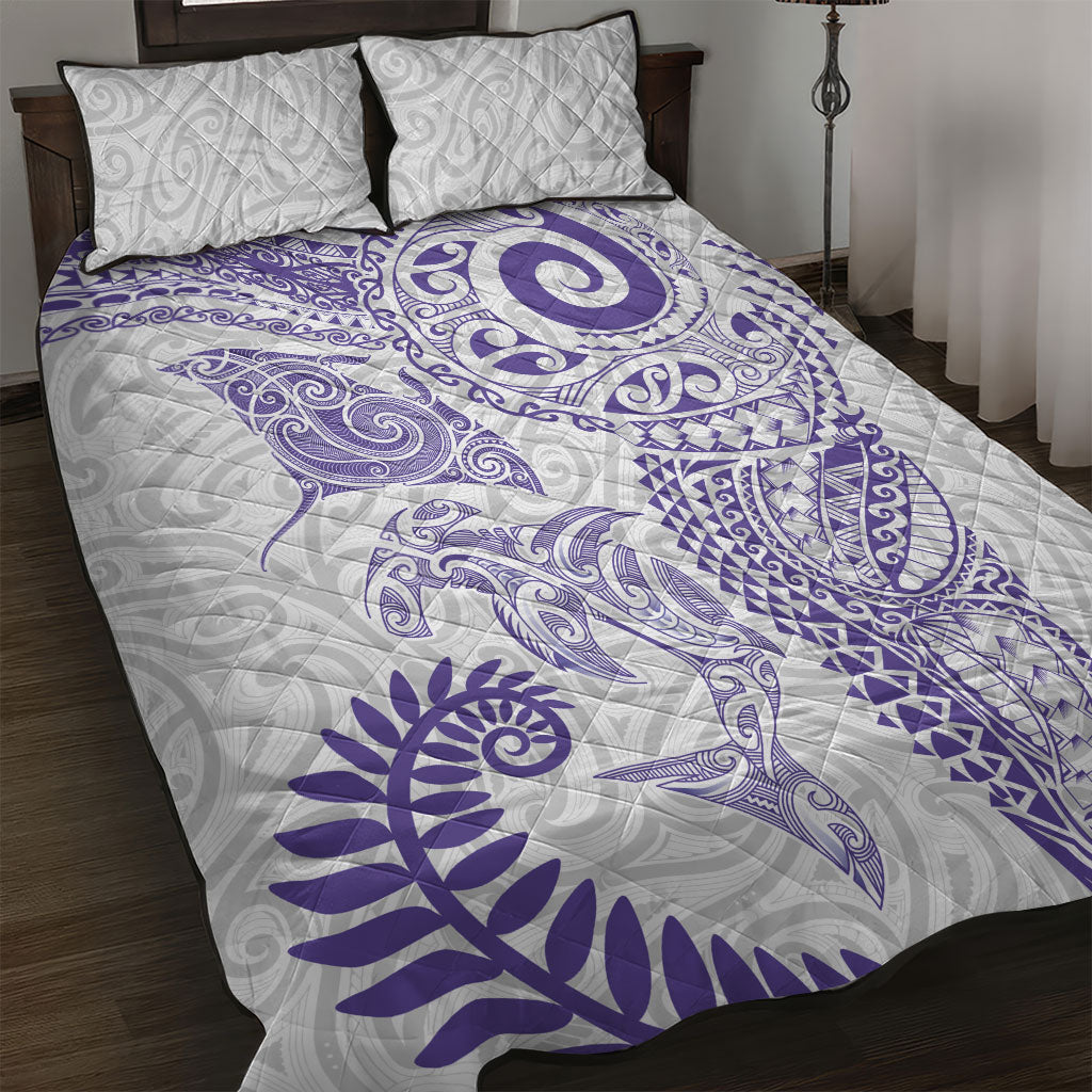 Aotearoa Maori Sea Animals Tribal Quilt Bed Set Manta Ray and Shark Moko Pattern Purple Color LT03 Purple - Polynesian Pride