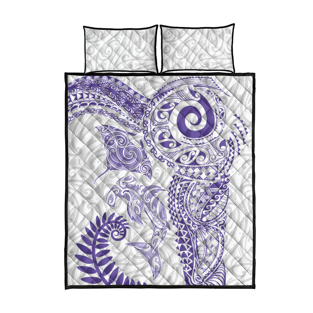 Aotearoa Maori Sea Animals Tribal Quilt Bed Set Manta Ray and Shark Moko Pattern Purple Color LT03 - Polynesian Pride