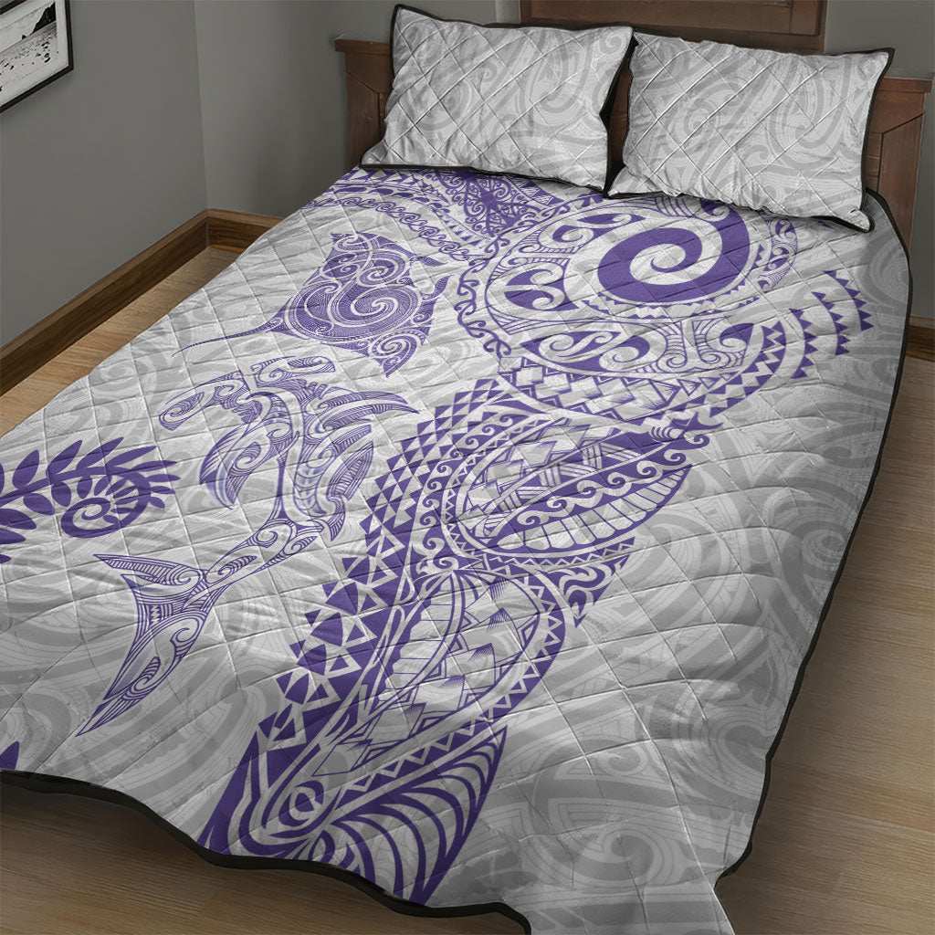 Aotearoa Maori Sea Animals Tribal Quilt Bed Set Manta Ray and Shark Moko Pattern Purple Color LT03 - Polynesian Pride