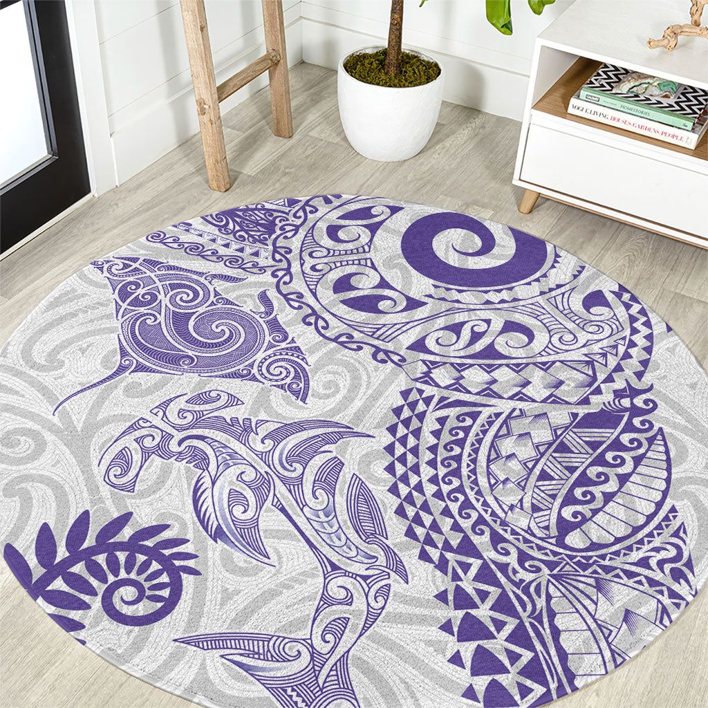 Aotearoa Maori Sea Animals Tribal Round Carpet Manta Ray and Shark Moko Pattern Purple Color LT03 Purple - Polynesian Pride