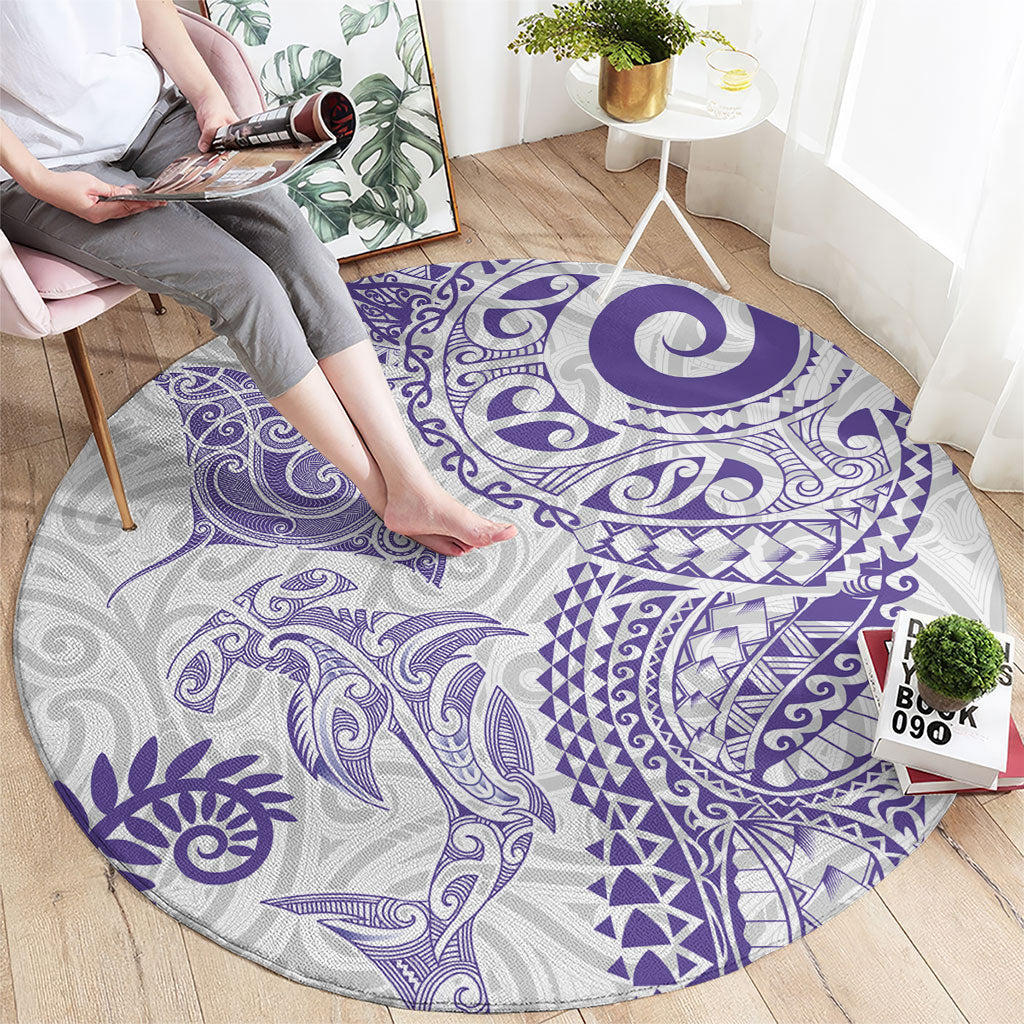 Aotearoa Maori Sea Animals Tribal Round Carpet Manta Ray and Shark Moko Pattern Purple Color LT03 - Polynesian Pride