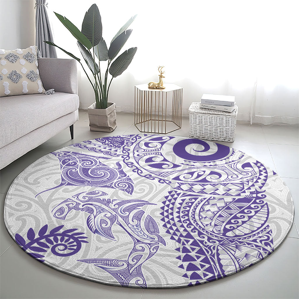 Aotearoa Maori Sea Animals Tribal Round Carpet Manta Ray and Shark Moko Pattern Purple Color LT03 - Polynesian Pride