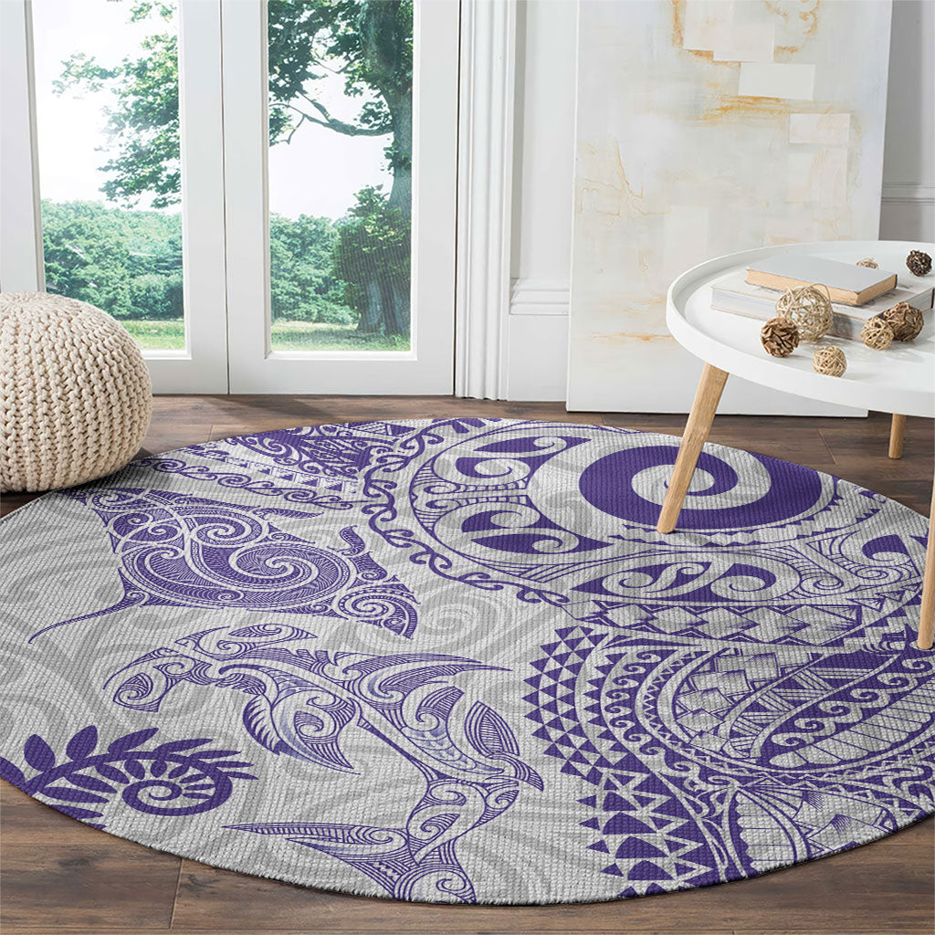 Aotearoa Maori Sea Animals Tribal Round Carpet Manta Ray and Shark Moko Pattern Purple Color LT03 - Polynesian Pride
