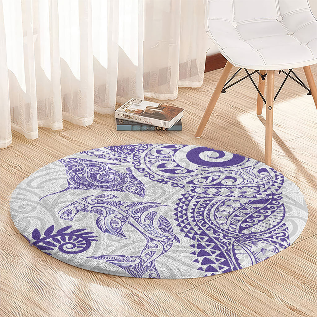 Aotearoa Maori Sea Animals Tribal Round Carpet Manta Ray and Shark Moko Pattern Purple Color LT03 - Polynesian Pride