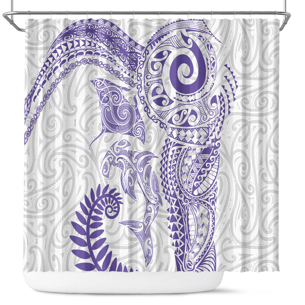 Aotearoa Maori Sea Animals Tribal Shower Curtain Manta Ray and Shark Moko Pattern Purple Color LT03 Purple - Polynesian Pride