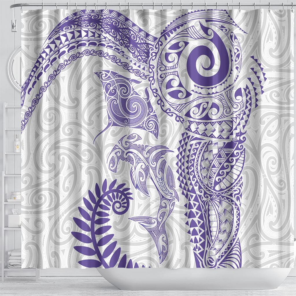 Aotearoa Maori Sea Animals Tribal Shower Curtain Manta Ray and Shark Moko Pattern Purple Color LT03 - Polynesian Pride
