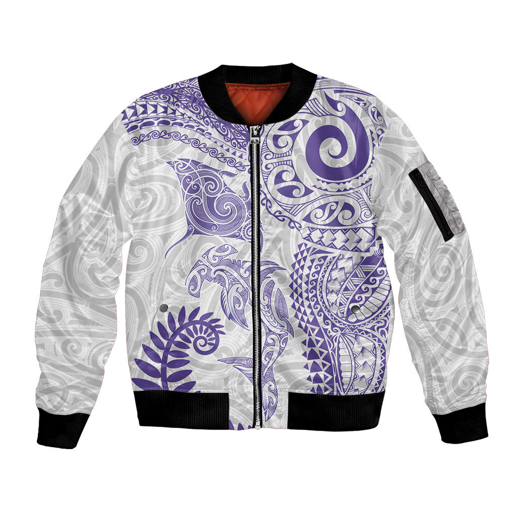 Aotearoa Maori Sea Animals Tribal Sleeve Zip Bomber Jacket Manta Ray and Shark Moko Pattern Purple Color LT03 Unisex Purple - Polynesian Pride