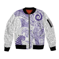 Aotearoa Maori Sea Animals Tribal Sleeve Zip Bomber Jacket Manta Ray and Shark Moko Pattern Purple Color LT03 Unisex Purple - Polynesian Pride