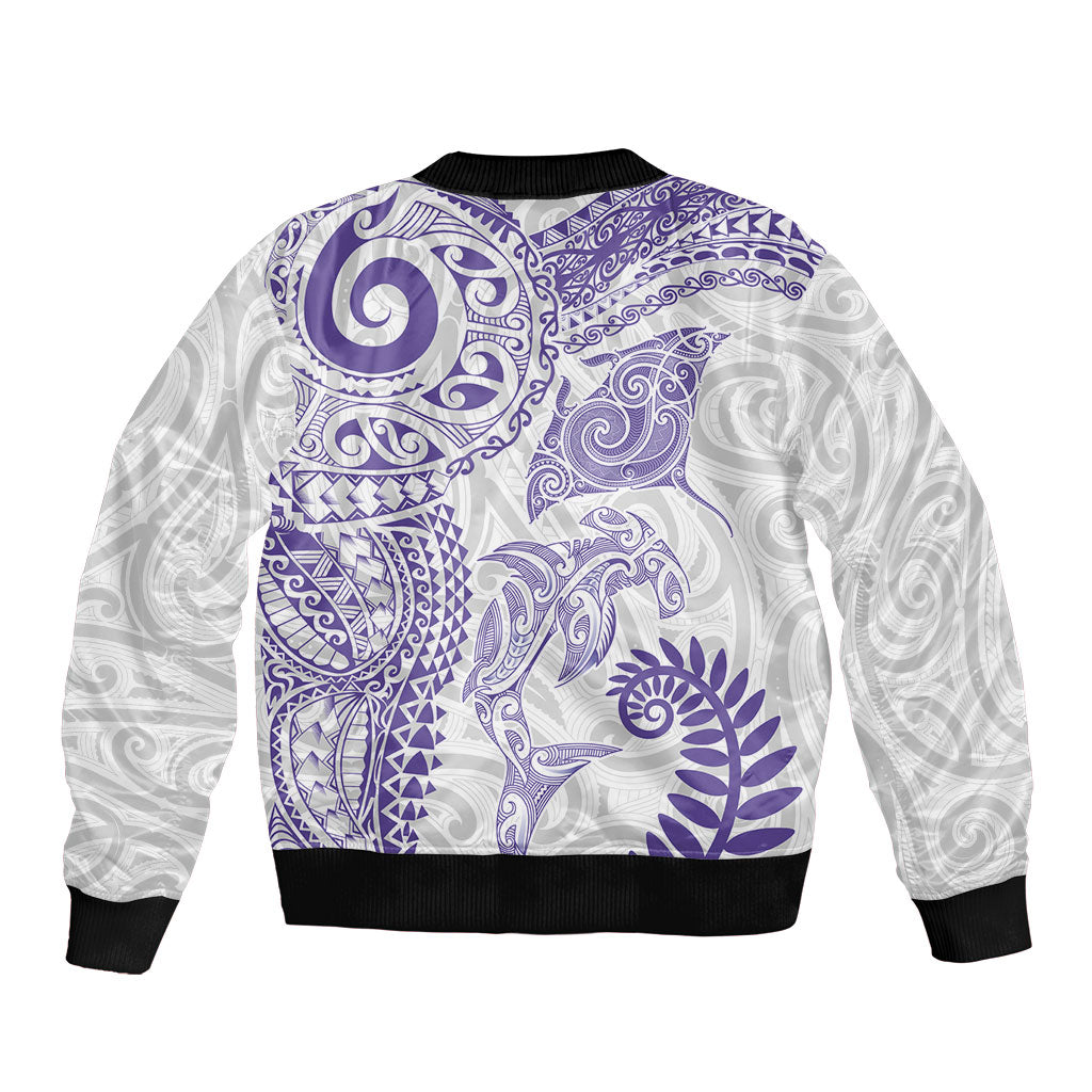 Aotearoa Maori Sea Animals Tribal Sleeve Zip Bomber Jacket Manta Ray and Shark Moko Pattern Purple Color LT03 - Polynesian Pride