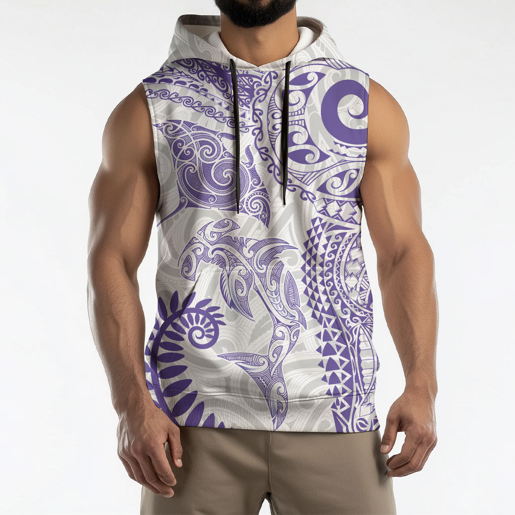 Aotearoa Maori Sea Animals Tribal Sleeveless Hoodie Manta Ray and Shark Moko Pattern Purple Color LT03 - Polynesian Pride
