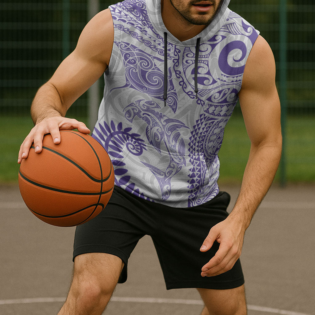 Aotearoa Maori Sea Animals Tribal Sleeveless Hoodie Manta Ray and Shark Moko Pattern Purple Color LT03 - Polynesian Pride