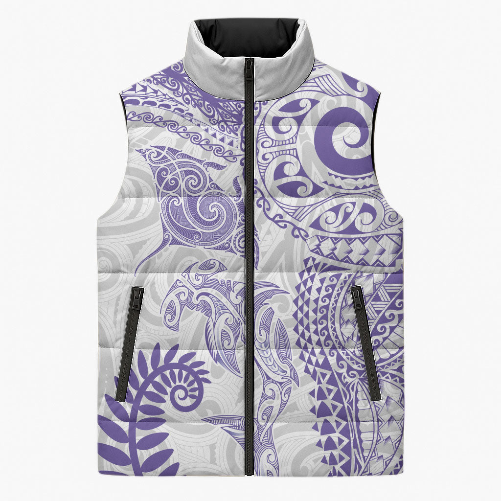 Aotearoa Maori Sea Animals Tribal Sleeveless Puffer Jacket Manta Ray and Shark Moko Pattern Purple Color LT03 Unisex Purple - Polynesian Pride