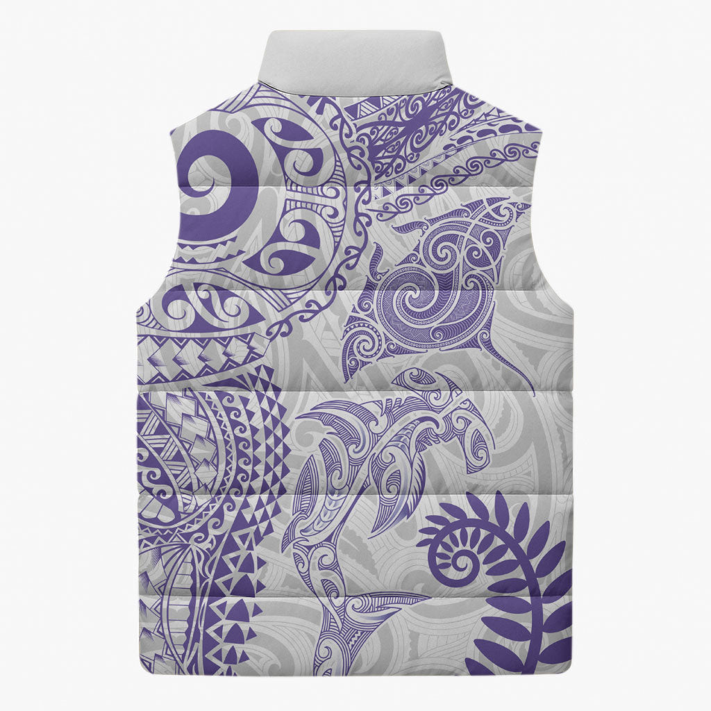 Aotearoa Maori Sea Animals Tribal Sleeveless Puffer Jacket Manta Ray and Shark Moko Pattern Purple Color LT03 - Polynesian Pride