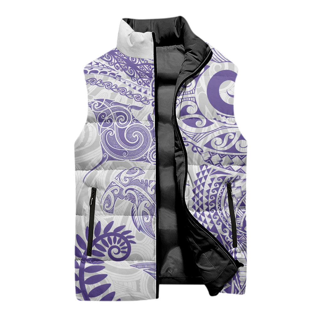 Aotearoa Maori Sea Animals Tribal Sleeveless Puffer Jacket Manta Ray and Shark Moko Pattern Purple Color LT03 - Polynesian Pride