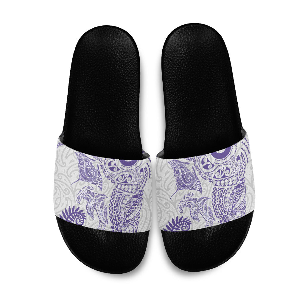 Aotearoa Maori Sea Animals Tribal Slide Sandals Manta Ray and Shark Moko Pattern Purple Color LT03 Purple - Polynesian Pride