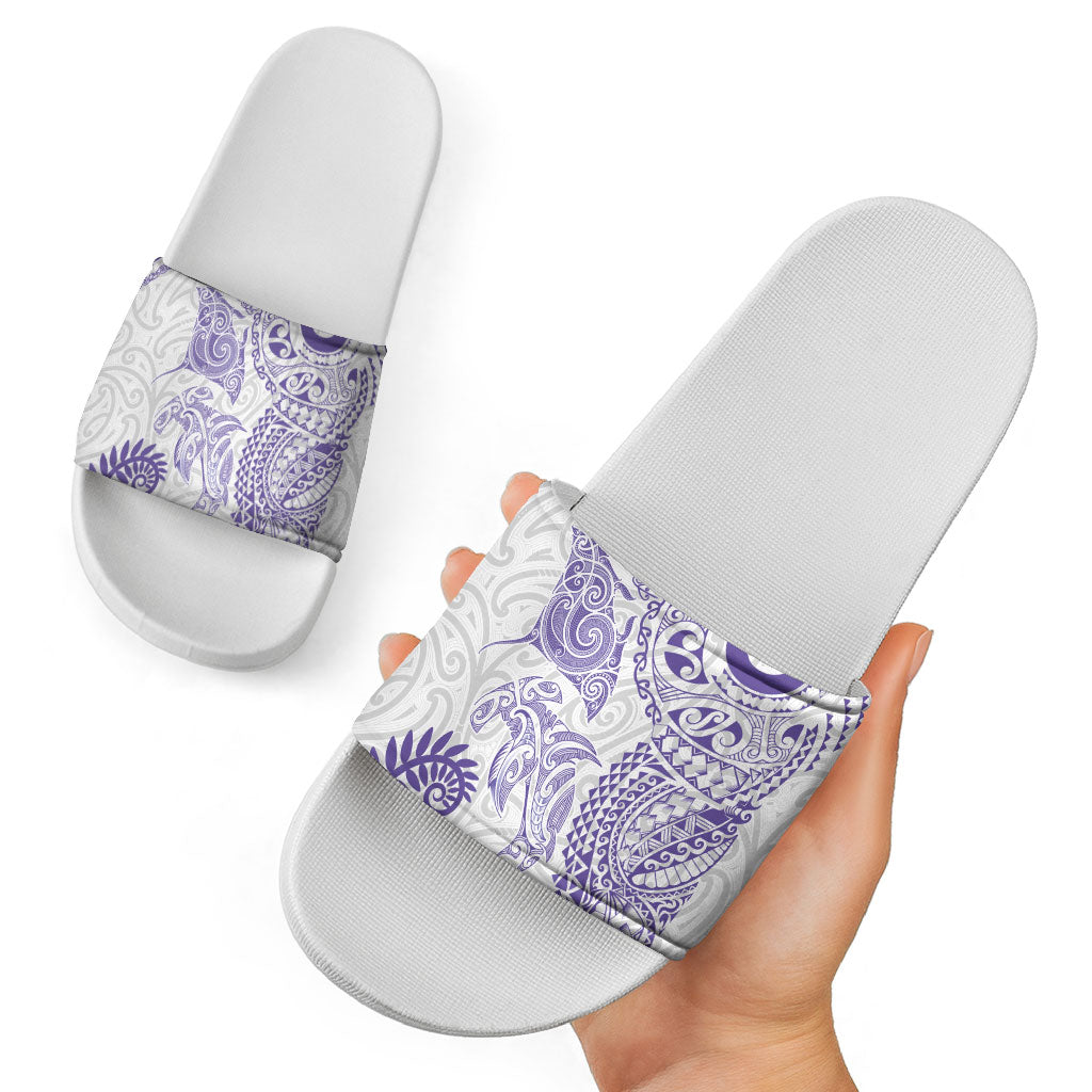 Aotearoa Maori Sea Animals Tribal Slide Sandals Manta Ray and Shark Moko Pattern Purple Color LT03 - Polynesian Pride