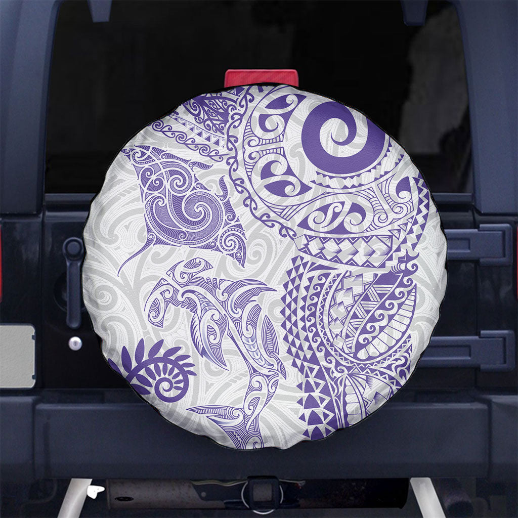 Aotearoa Maori Sea Animals Tribal Spare Tire Cover Manta Ray and Shark Moko Pattern Purple Color LT03 No hole Purple - Polynesian Pride