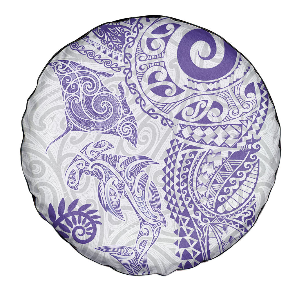 Aotearoa Maori Sea Animals Tribal Spare Tire Cover Manta Ray and Shark Moko Pattern Purple Color LT03 - Polynesian Pride