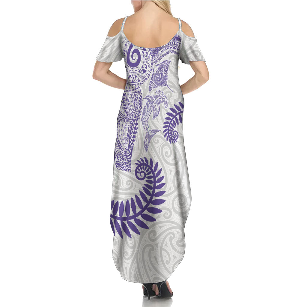 Aotearoa Maori Sea Animals Tribal Summer Maxi Dress Manta Ray and Shark Moko Pattern Purple Color LT03 - Polynesian Pride
