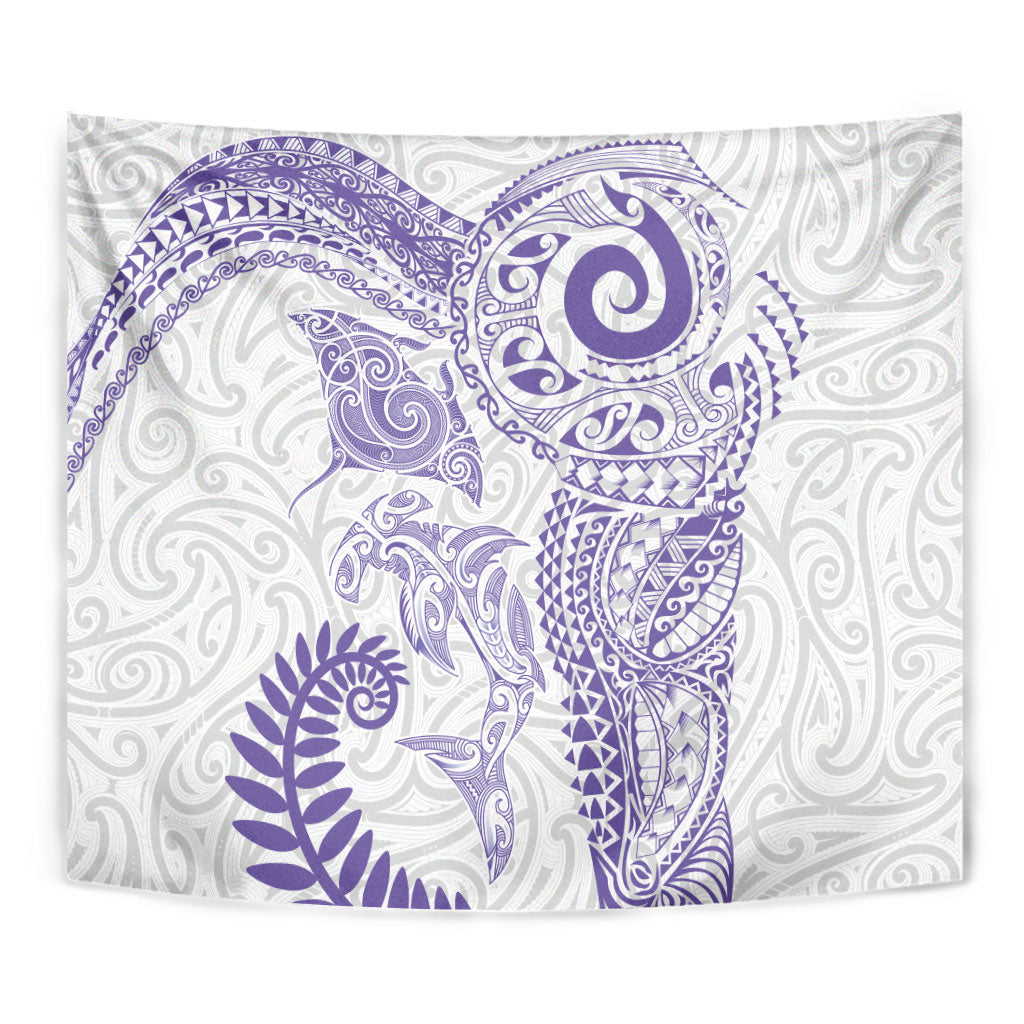 Aotearoa Maori Sea Animals Tribal Tapestry Manta Ray and Shark Moko Pattern Purple Color LT03 - Polynesian Pride