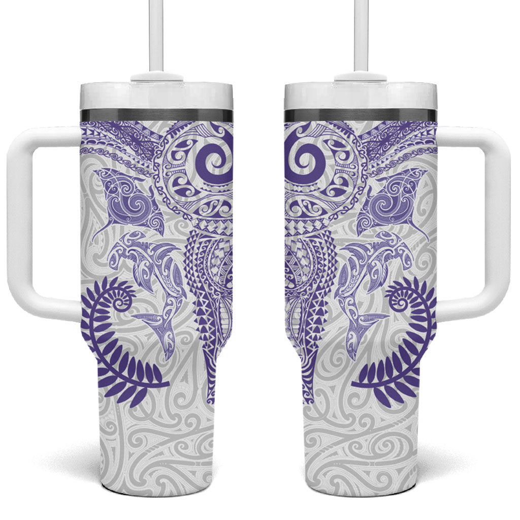 Aotearoa Maori Sea Animals Tribal Tumbler With Handle Manta Ray and Shark Moko Pattern Purple Color LT03 One Size: 40 oz Purple - Polynesian Pride