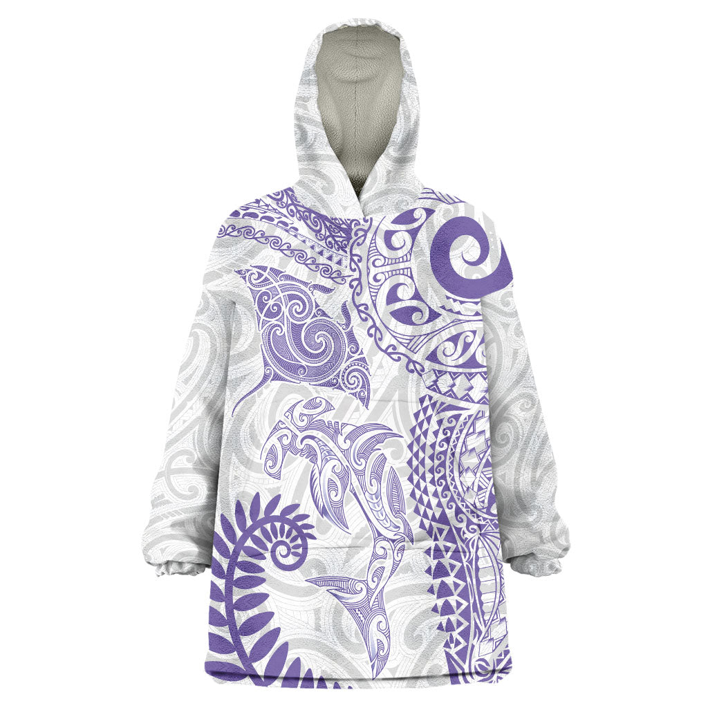 Aotearoa Maori Sea Animals Tribal Wearable Blanket Hoodie Manta Ray and Shark Moko Pattern Purple Color LT03 One Size Purple - Polynesian Pride