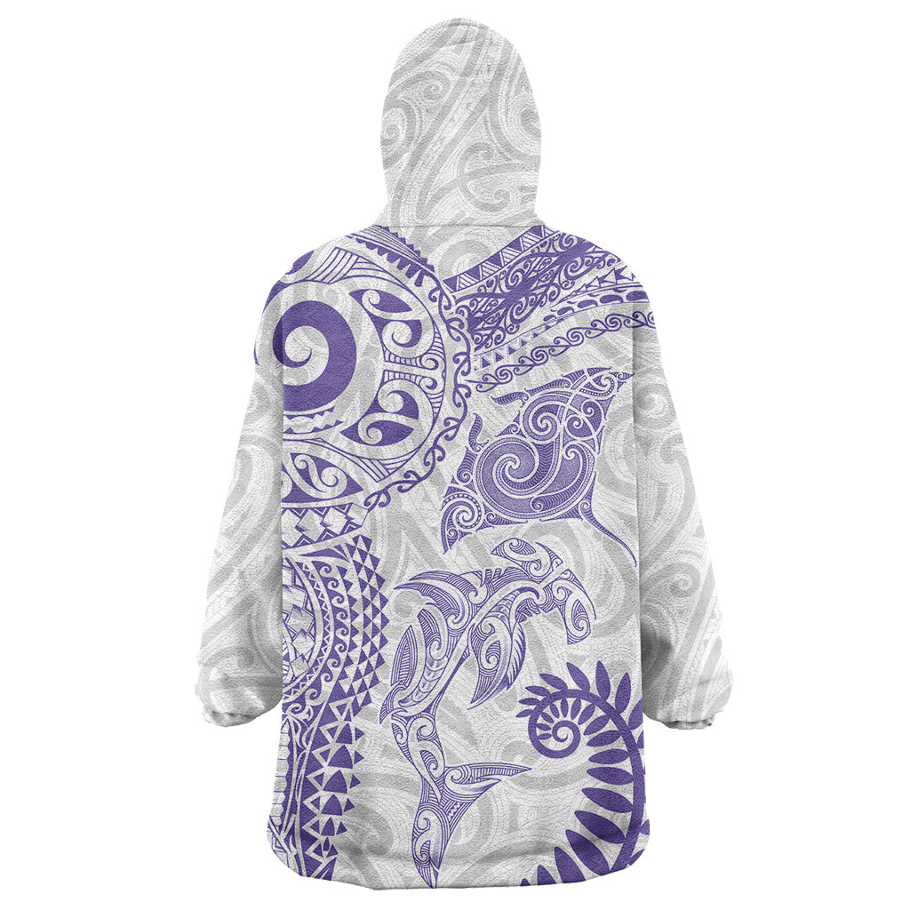 Aotearoa Maori Sea Animals Tribal Wearable Blanket Hoodie Manta Ray and Shark Moko Pattern Purple Color LT03 - Polynesian Pride