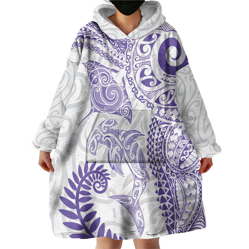 Aotearoa Maori Sea Animals Tribal Wearable Blanket Hoodie Manta Ray and Shark Moko Pattern Purple Color LT03 - Polynesian Pride