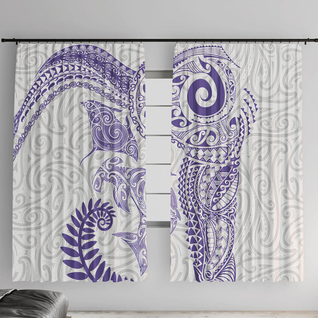 Aotearoa Maori Sea Animals Tribal Window Curtain Manta Ray and Shark Moko Pattern Purple Color LT03 With Hooks Purple - Polynesian Pride