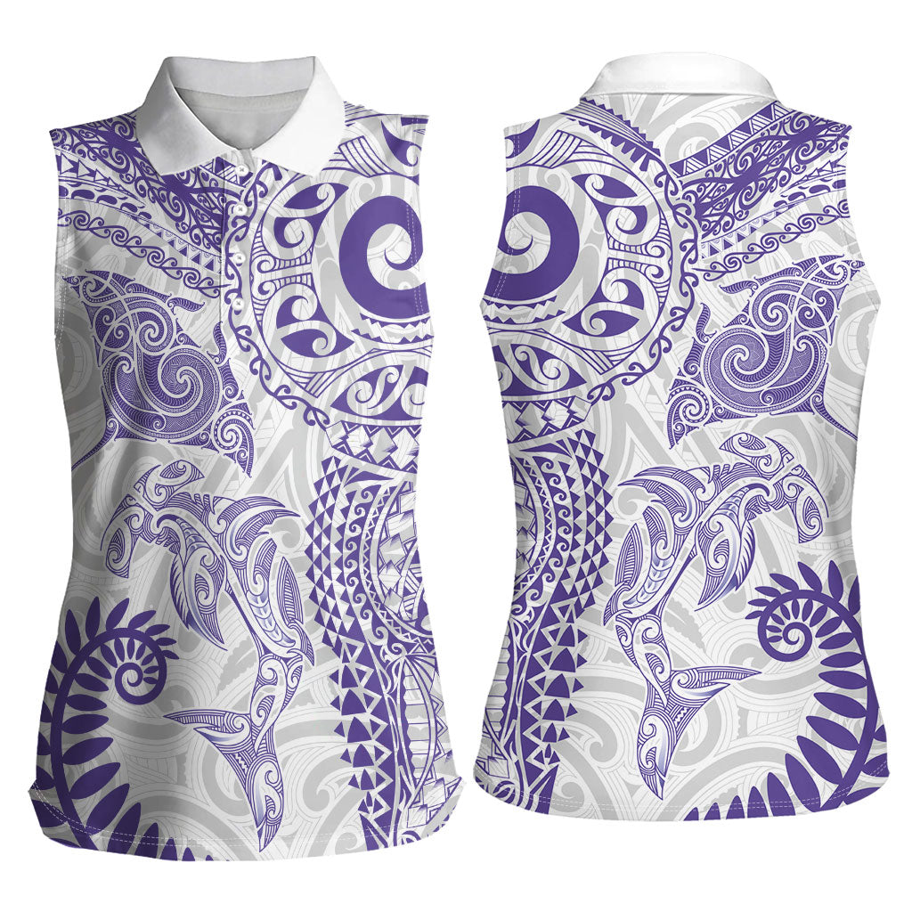 Aotearoa Maori Sea Animals Tribal Women Sleeveless Polo Shirt Manta Ray and Shark Moko Pattern Purple Color LT03 - Polynesian Pride