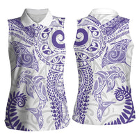 Aotearoa Maori Sea Animals Tribal Women Sleeveless Polo Shirt Manta Ray and Shark Moko Pattern Purple Color LT03 - Polynesian Pride