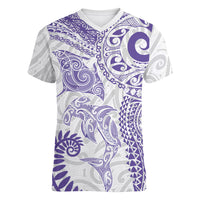 Aotearoa Maori Sea Animals Tribal Women V-Neck T-Shirt Manta Ray and Shark Moko Pattern Purple Color LT03 Female Purple - Polynesian Pride