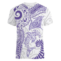 Aotearoa Maori Sea Animals Tribal Women V-Neck T-Shirt Manta Ray and Shark Moko Pattern Purple Color LT03 - Polynesian Pride