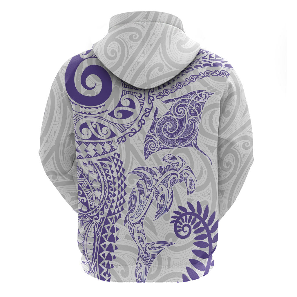 Aotearoa Maori Sea Animals Tribal Zip Hoodie Manta Ray and Shark Moko Pattern Purple Color LT03 - Polynesian Pride