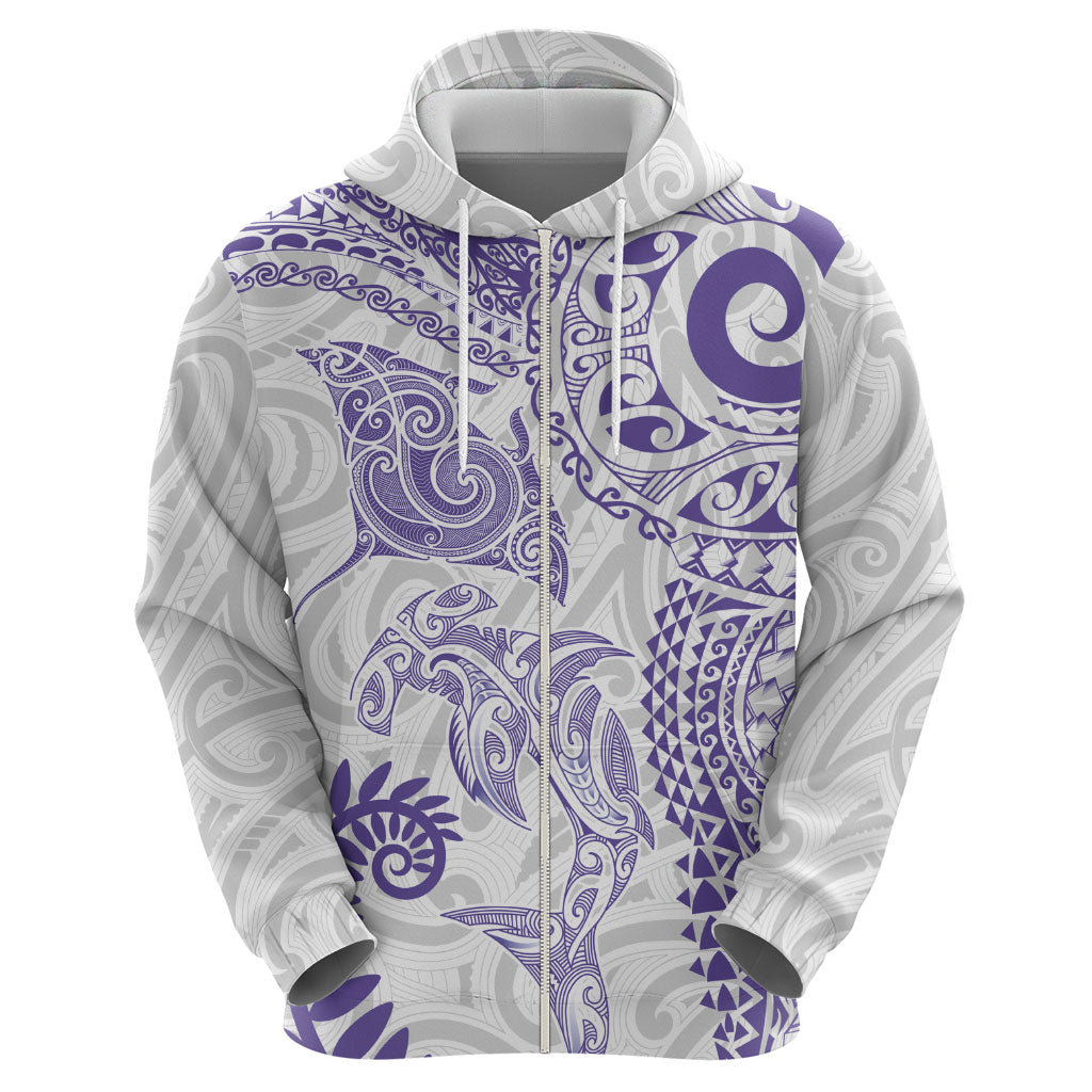 Aotearoa Maori Sea Animals Tribal Zip Hoodie Manta Ray and Shark Moko Pattern Purple Color LT03 - Polynesian Pride
