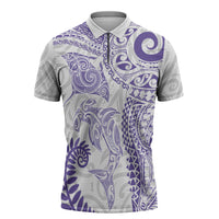 Aotearoa Maori Sea Animals Tribal Zipper Polo Shirt Manta Ray and Shark Moko Pattern Purple Color LT03 Purple - Polynesian Pride