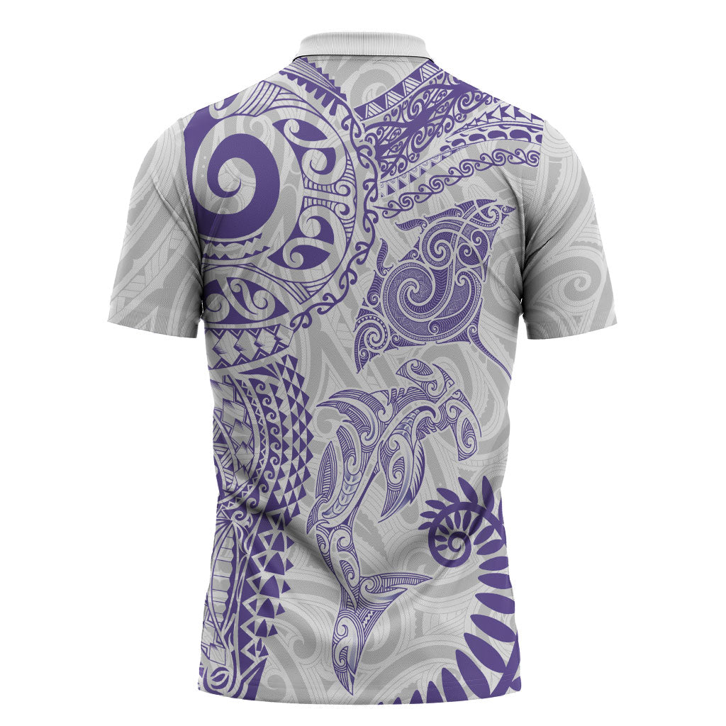 Aotearoa Maori Sea Animals Tribal Zipper Polo Shirt Manta Ray and Shark Moko Pattern Purple Color LT03 - Polynesian Pride
