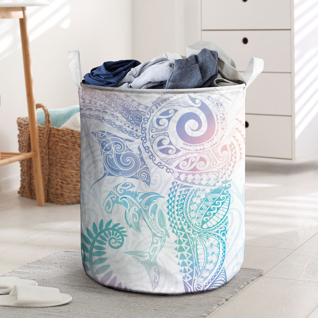 Aotearoa Maori Sea Animals Tribal Laundry Basket Manta Ray and Shark Moko Pattern Sweet Pastel