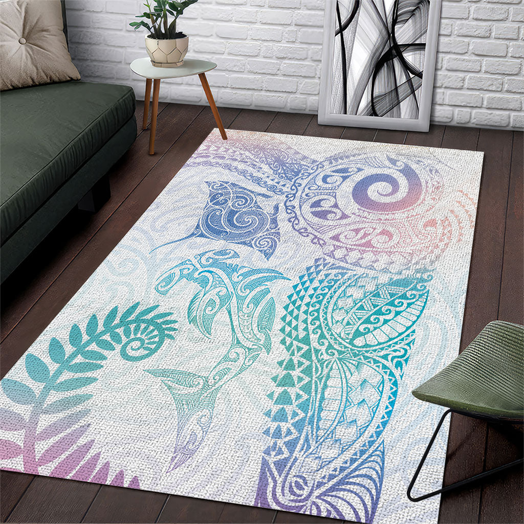Aotearoa Maori Sea Animals Tribal Area Rug Manta Ray and Shark Moko Pattern Sweet Pastel LT03 Multicolor - Polynesian Pride