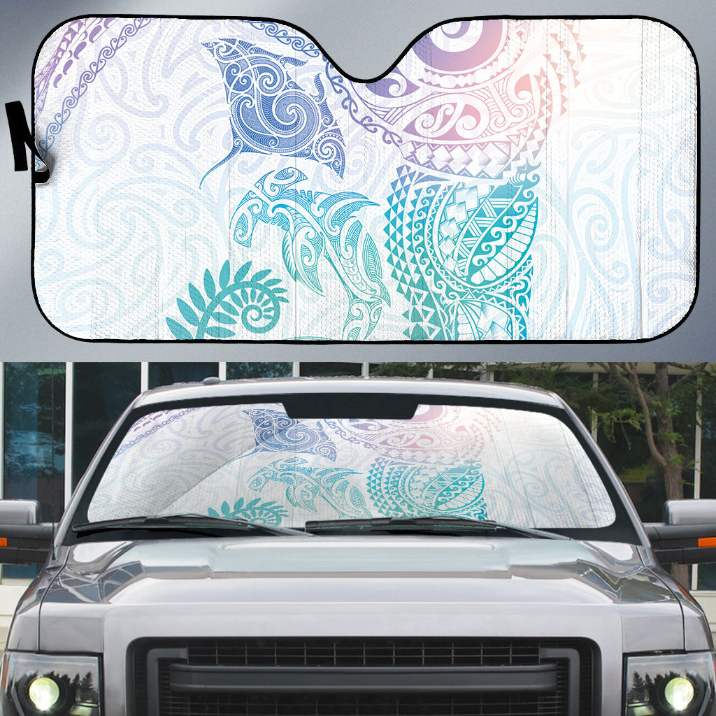 Aotearoa Maori Sea Animals Tribal Auto Sun Shade Manta Ray and Shark Moko Pattern Sweet Pastel LT03 Multicolor - Polynesian Pride