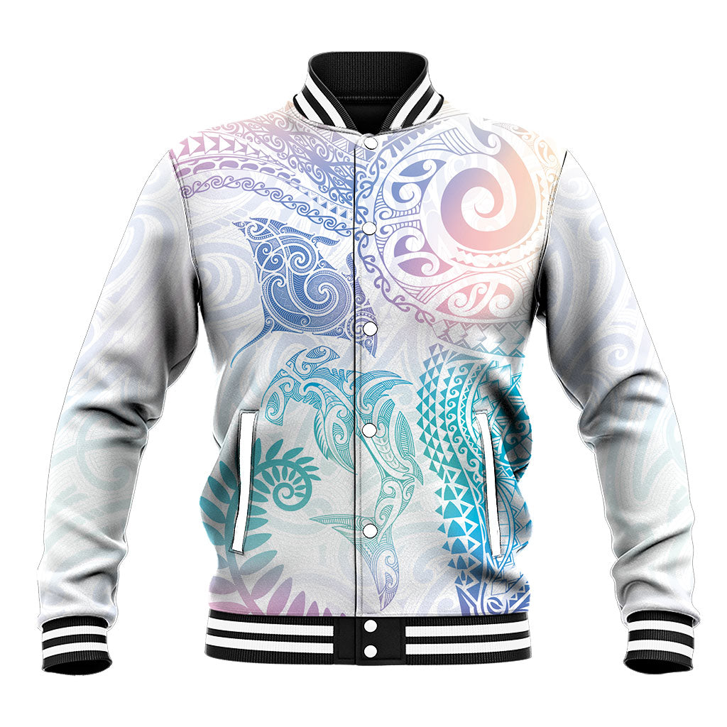 Aotearoa Maori Sea Animals Tribal Baseball Jacket Manta Ray and Shark Moko Pattern Sweet Pastel LT03 Unisex Multicolor - Polynesian Pride