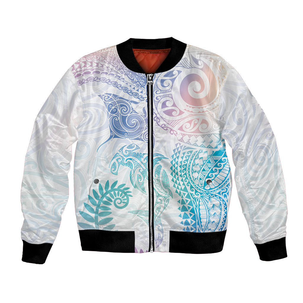 Aotearoa Maori Sea Animals Tribal Bomber Jacket Manta Ray and Shark Moko Pattern Sweet Pastel