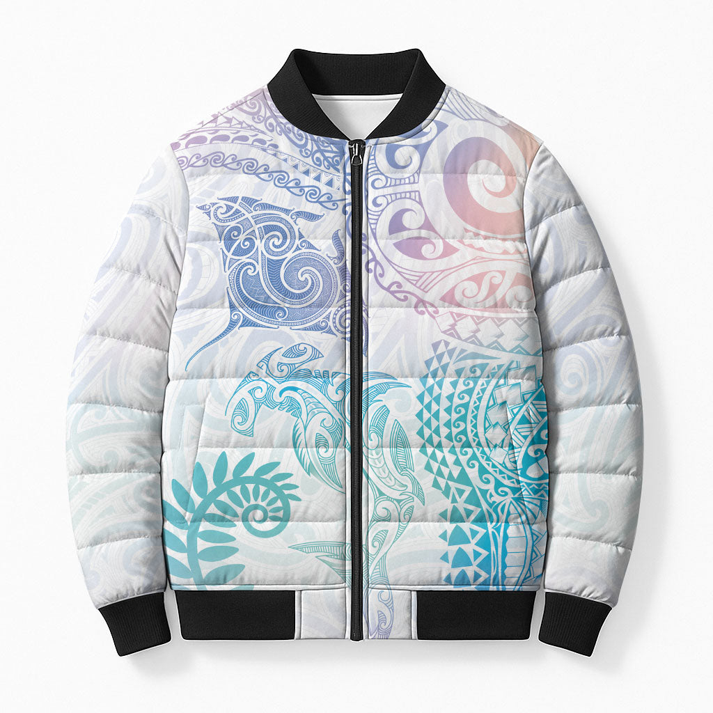 Aotearoa Maori Sea Animals Tribal Bomber Puffer Jacket Manta Ray and Shark Moko Pattern Sweet Pastel LT03 Unisex Multicolor - Polynesian Pride