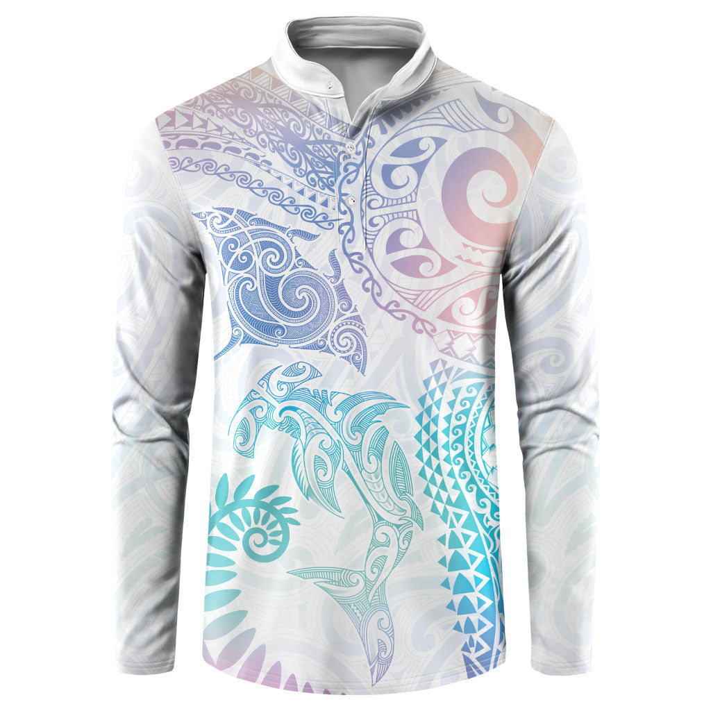 Aotearoa Maori Sea Animals Tribal Button Sweatshirt Manta Ray and Shark Moko Pattern Sweet Pastel
