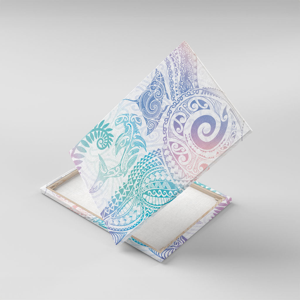 Aotearoa Maori Sea Animals Tribal Canvas Wall Art Manta Ray and Shark Moko Pattern Sweet Pastel LT03 With Frame Multicolor - Polynesian Pride