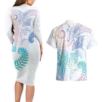 Aotearoa Maori Sea Animals Tribal Couples Matching Long Sleeve Bodycon Dress and Hawaiian Shirt Manta Ray and Shark Moko Pattern Sweet Pastel LT03 - Polynesian Pride