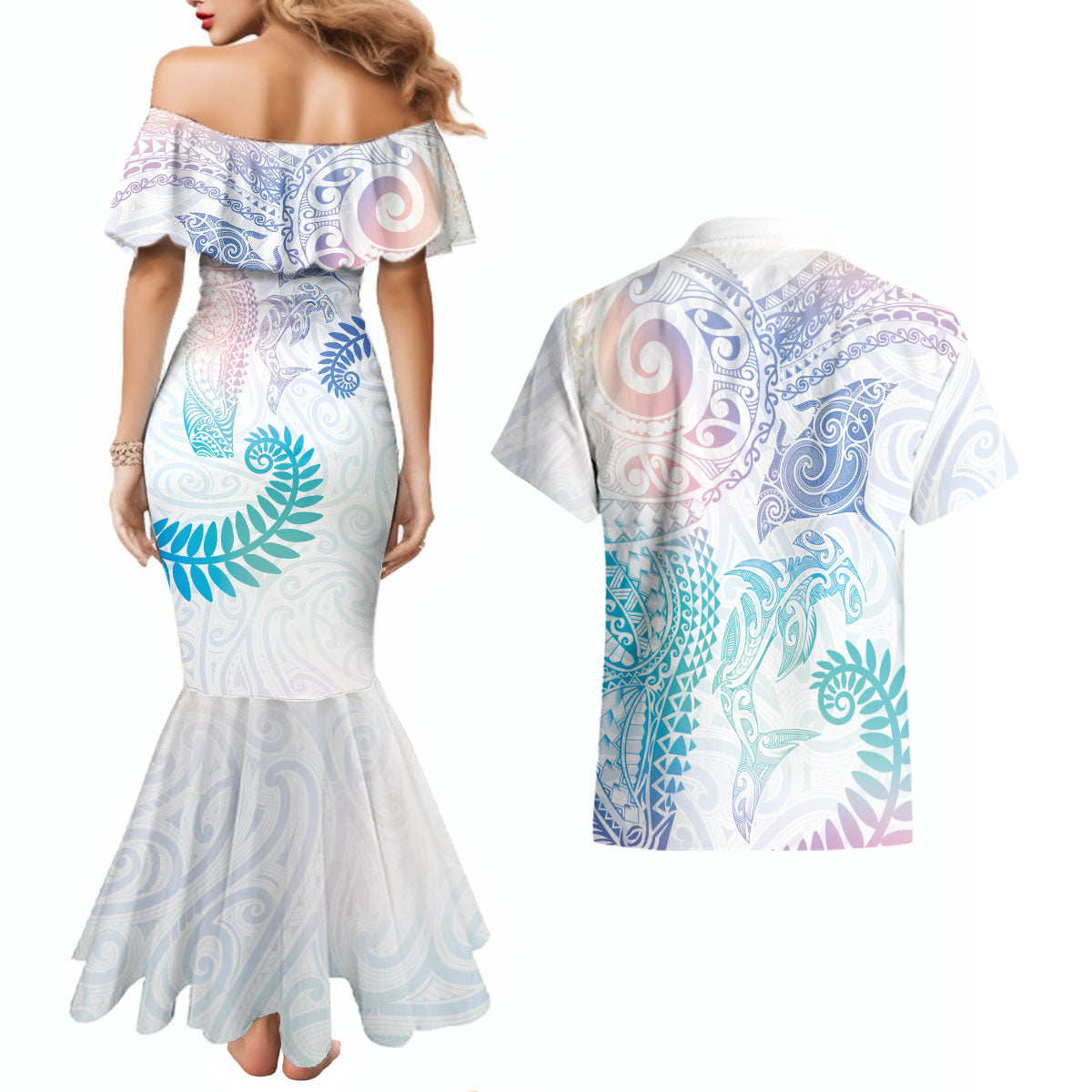 Aotearoa Maori Sea Animals Tribal Couples Matching Mermaid Dress and Hawaiian Shirt Manta Ray and Shark Moko Pattern Sweet Pastel LT03 - Polynesian Pride